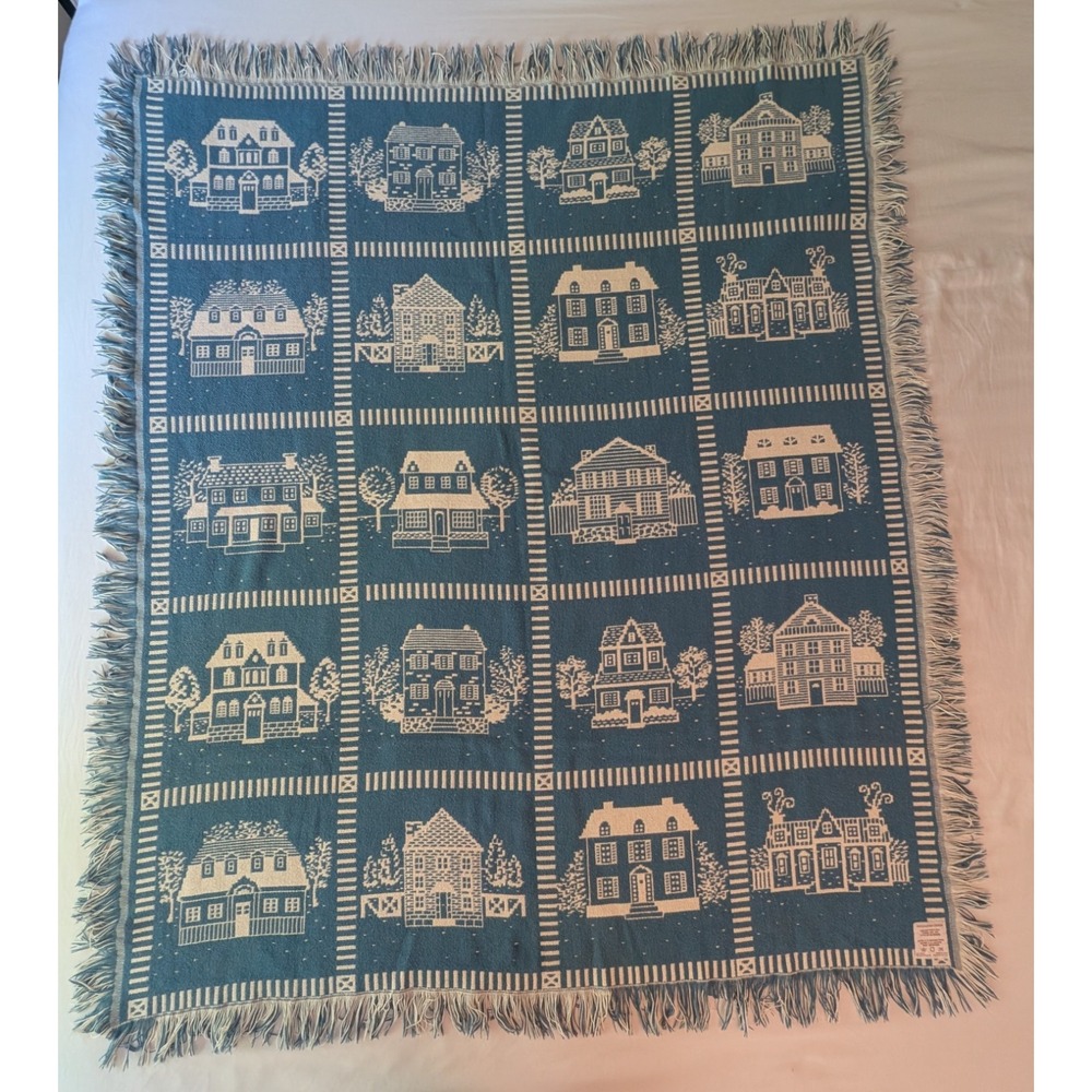 Vintage Crown Crafts Reversible Throw Blanket Cottage Sampler 48x58 Made in USA
